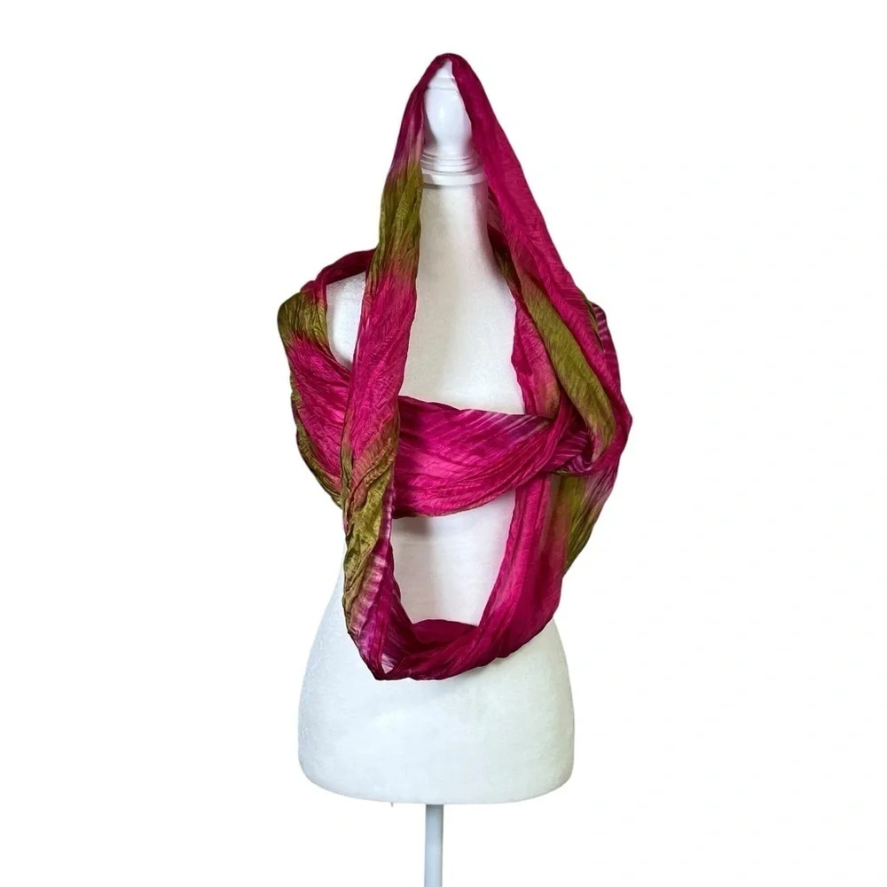 VTG Infinity Scarf Shawl Cowl Wrap Fuchsia Olive Green Silky Boho Colorful Chic